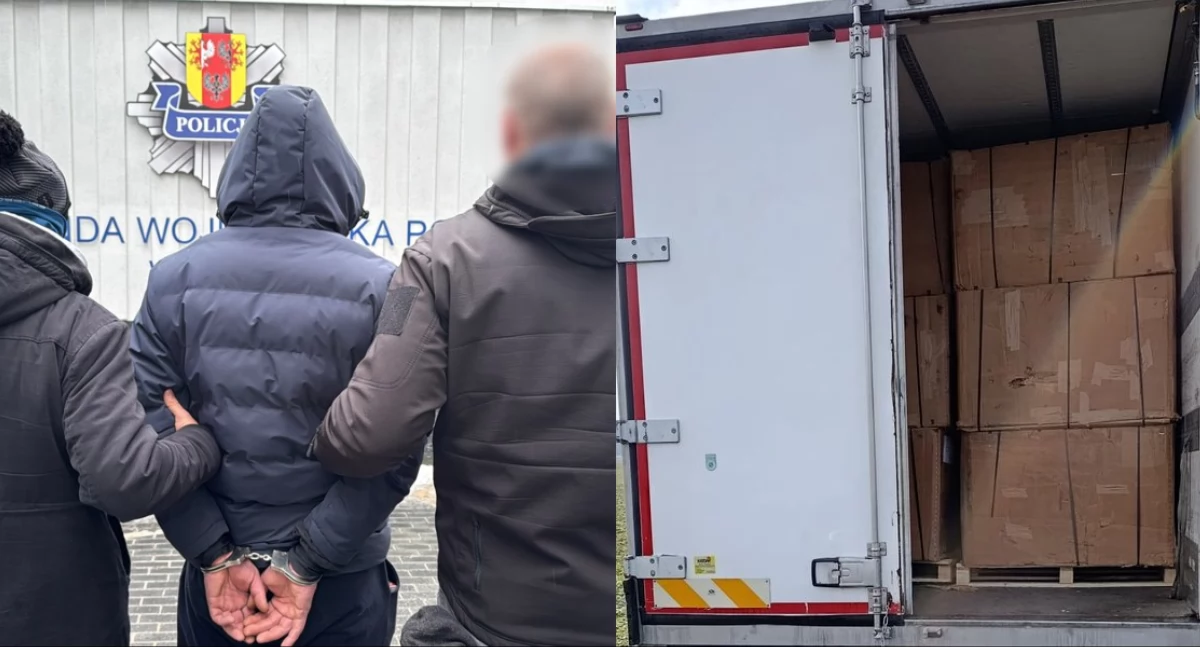 Na zdjęciu jeden z zatrzymanych mężczyzn oraz kartony z nielegalnym tytoniem / Fot. KWP Łódź