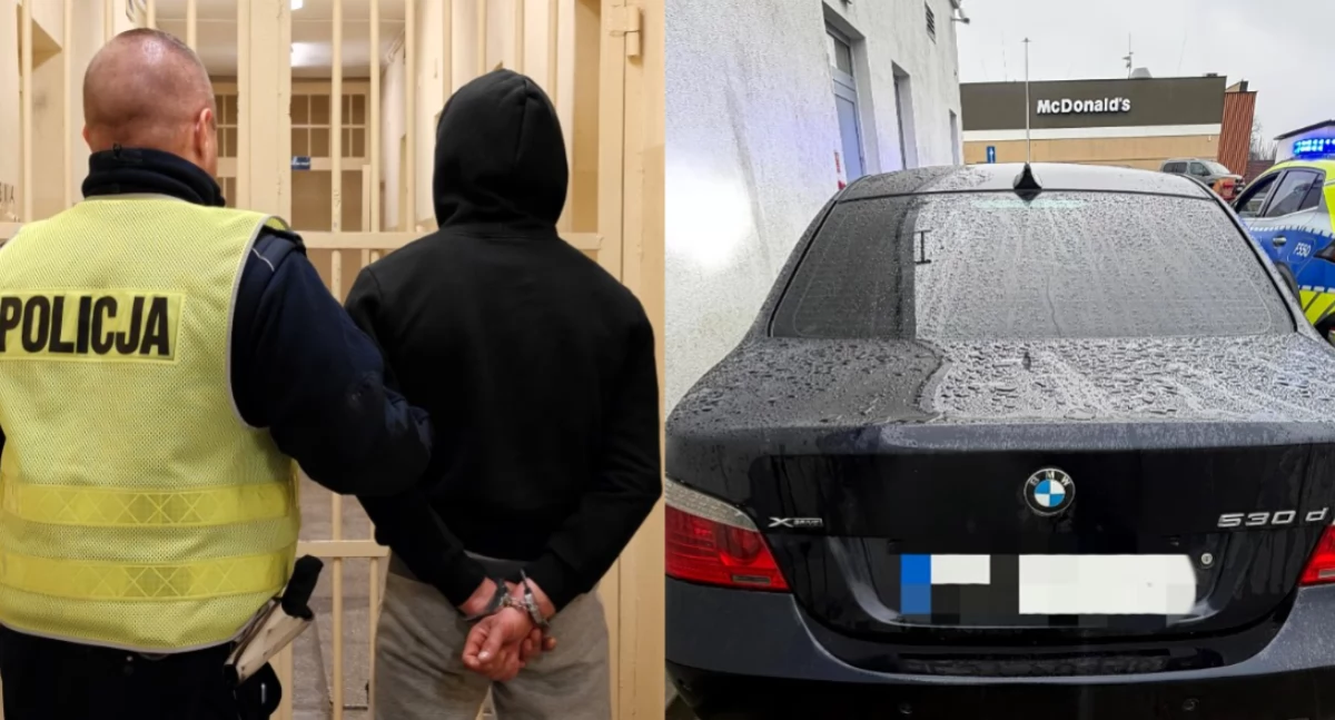 Na zdjęciu zatrzymany 25-latek oraz BMW, którym podróżował pod wpływem alkoholu i bez prawa jazdy / Fot. KPP Łask