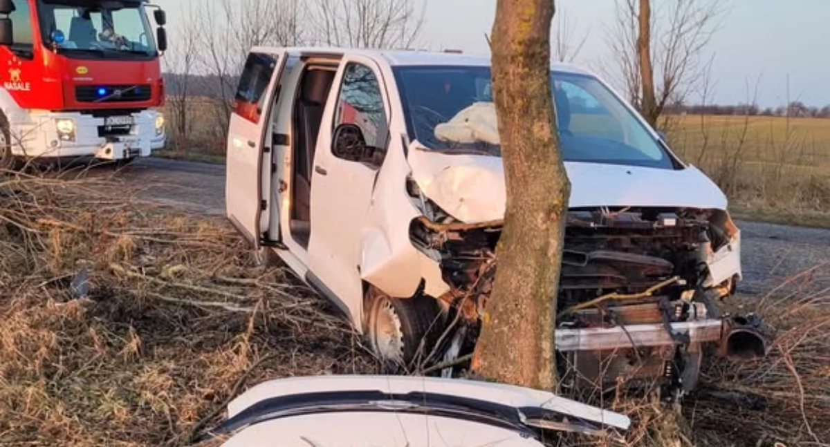 Zdjęcie z miejsca wypadku w gminie Byczyna (pow. kluczborski, woj. opolskie). Auto uderza w drzewo / fot.: OSP Byczyna 