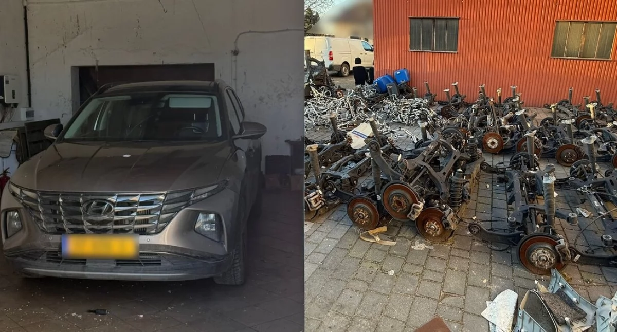 Na zdjęciu skradziony pojazd oraz znalezione części samochodowe na posesji / Fot. KMP Łódź