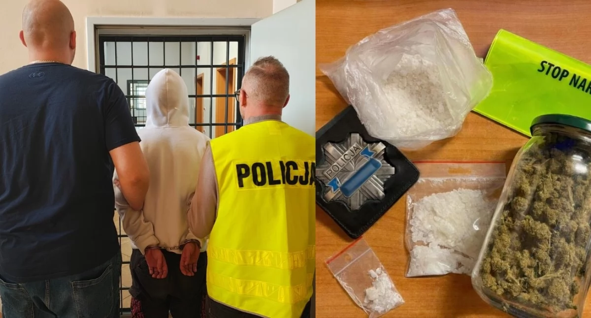Na zdjęciu zatrzymany mężczyzna oraz narkotyki, które posiadał / Fot. KPP Tomaszów Mazowiecki