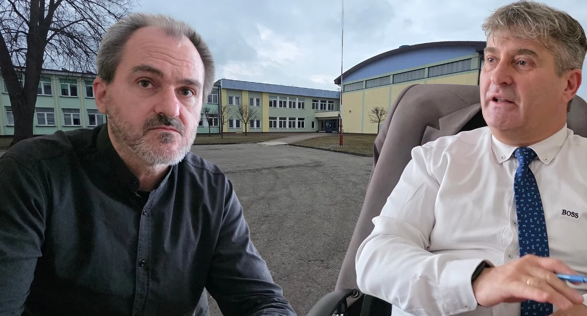 Na zdjęciu sekretarz gminy Kiełczygłów Marek Kula (pierwszy od lewej) i wójt Mariusz Mielczarek mówią o trudnościach z realizacją termomodernizacji budynku szkoły w Kiełczygłowie / fot.: Sławomir Rajch