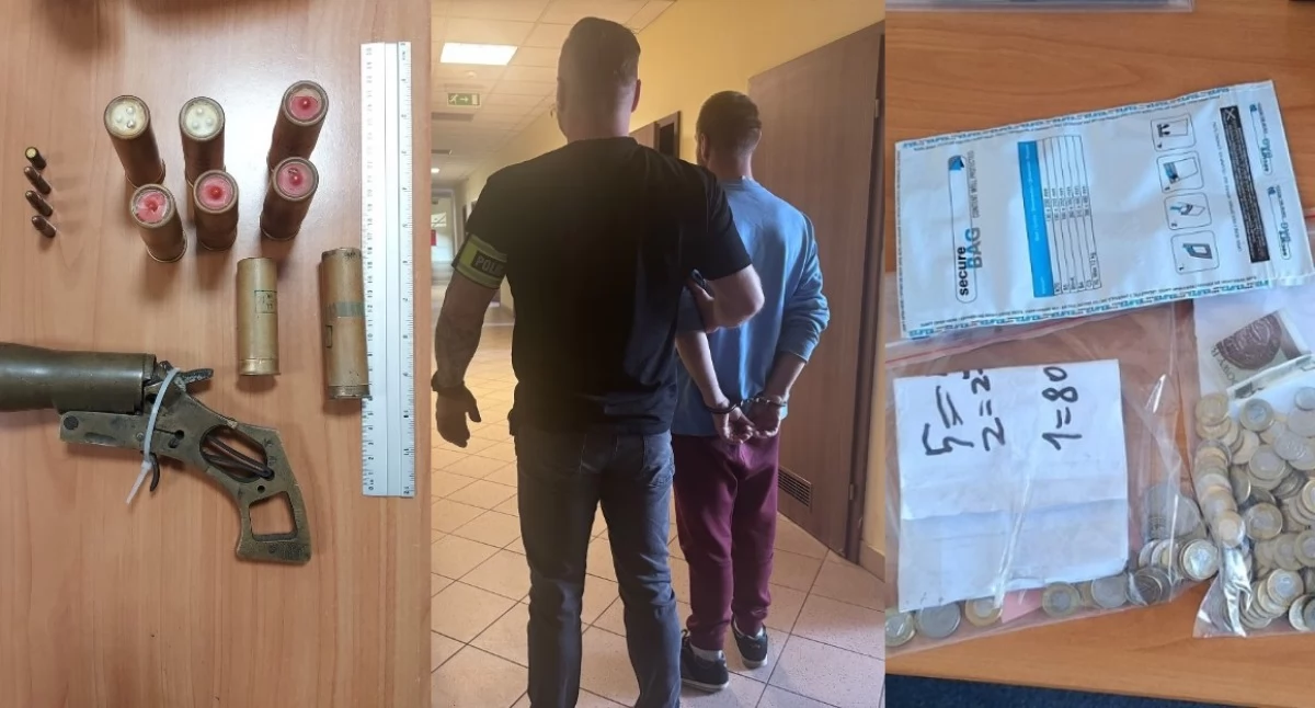 Na zdjęciu jeden z zatrzymanych mężczyzn, a także zabezpieczona przez policjantów broń oraz pieniądze / Fot. KPP Zduńska Wola