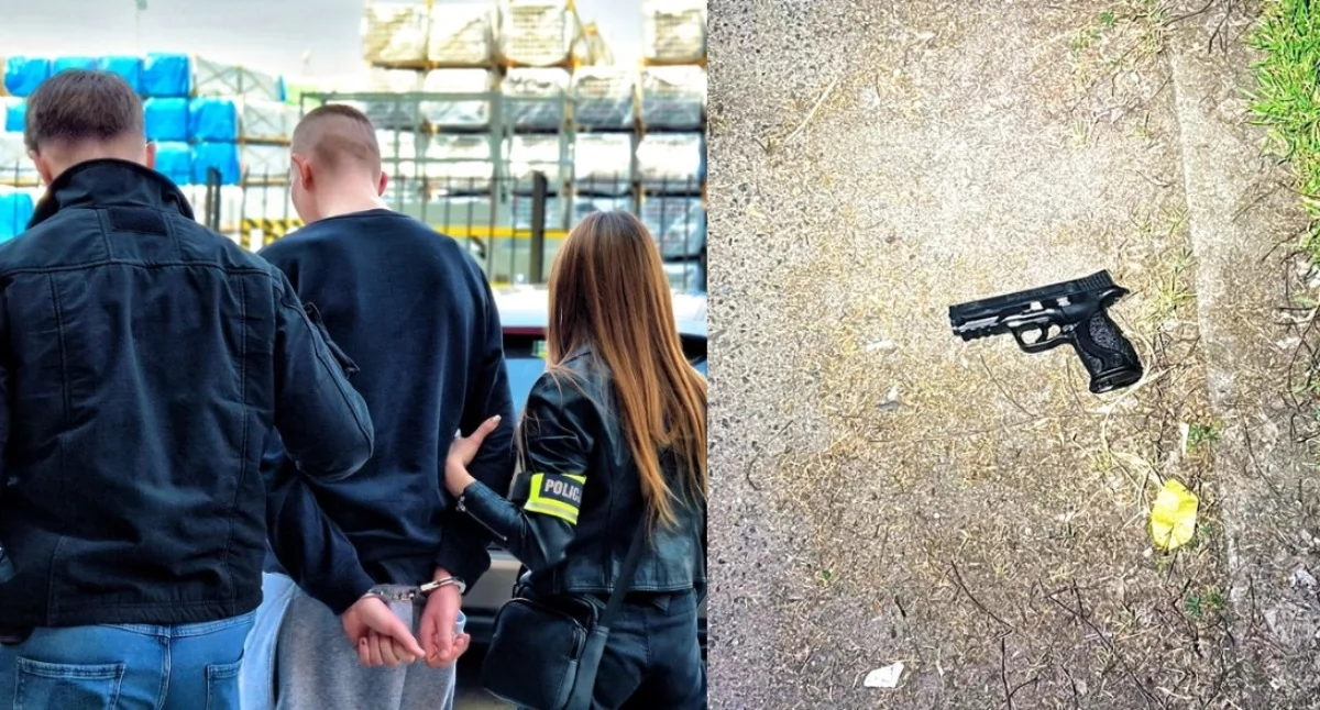 Na zdjęciu jeden z zatrzymanych mężczyzn, a także broń, którą grożono 20-latkowi / Fot. KMP Skierniewice