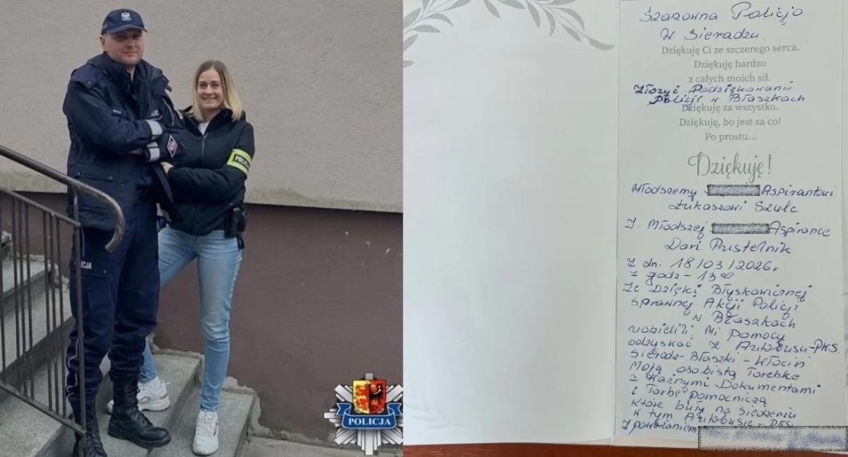 Na zdjęciu policjanci, którzy pomogli zrozpaczonej kobiecie oraz podziękowania, które mieszkanka Zduńskiej Woli skierowała do sieradzkiej komendy / Fot. KPP Sieradz 
