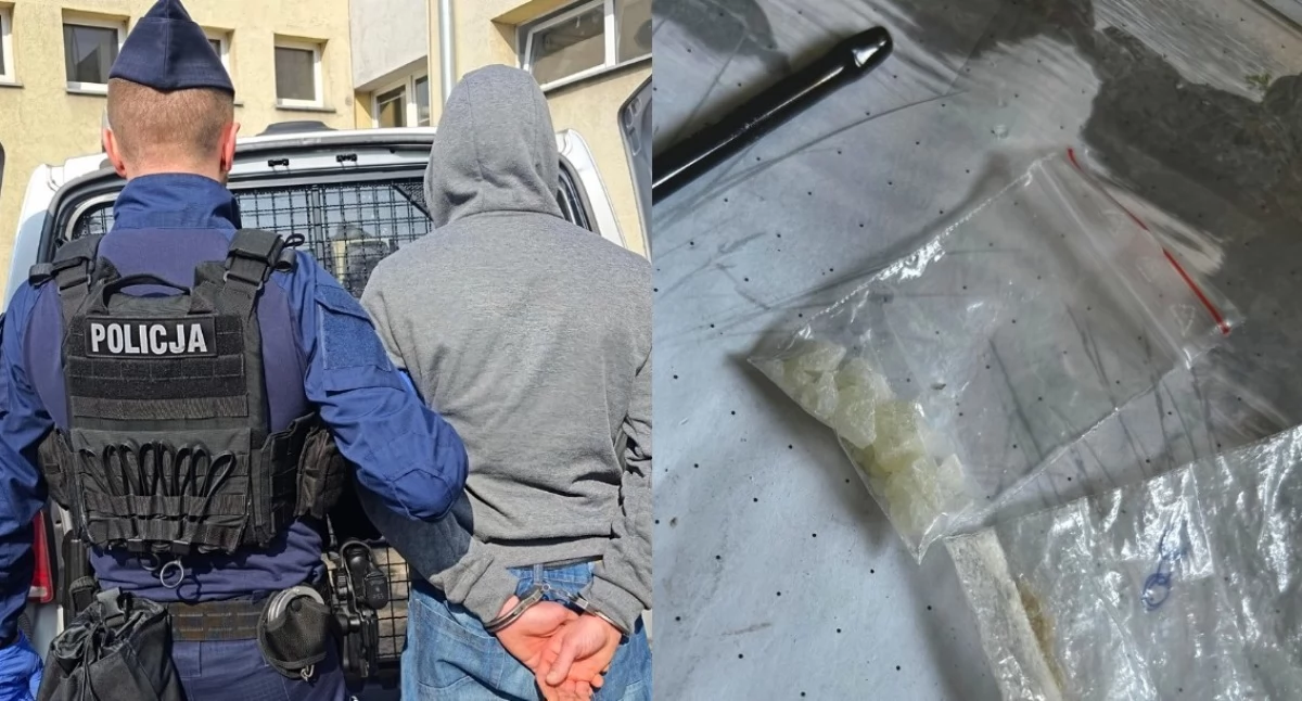 Na zdjęciu zatrzymany mężczyzna oraz znalezione przy nim środki odurzające / Fot. KPP Łask 