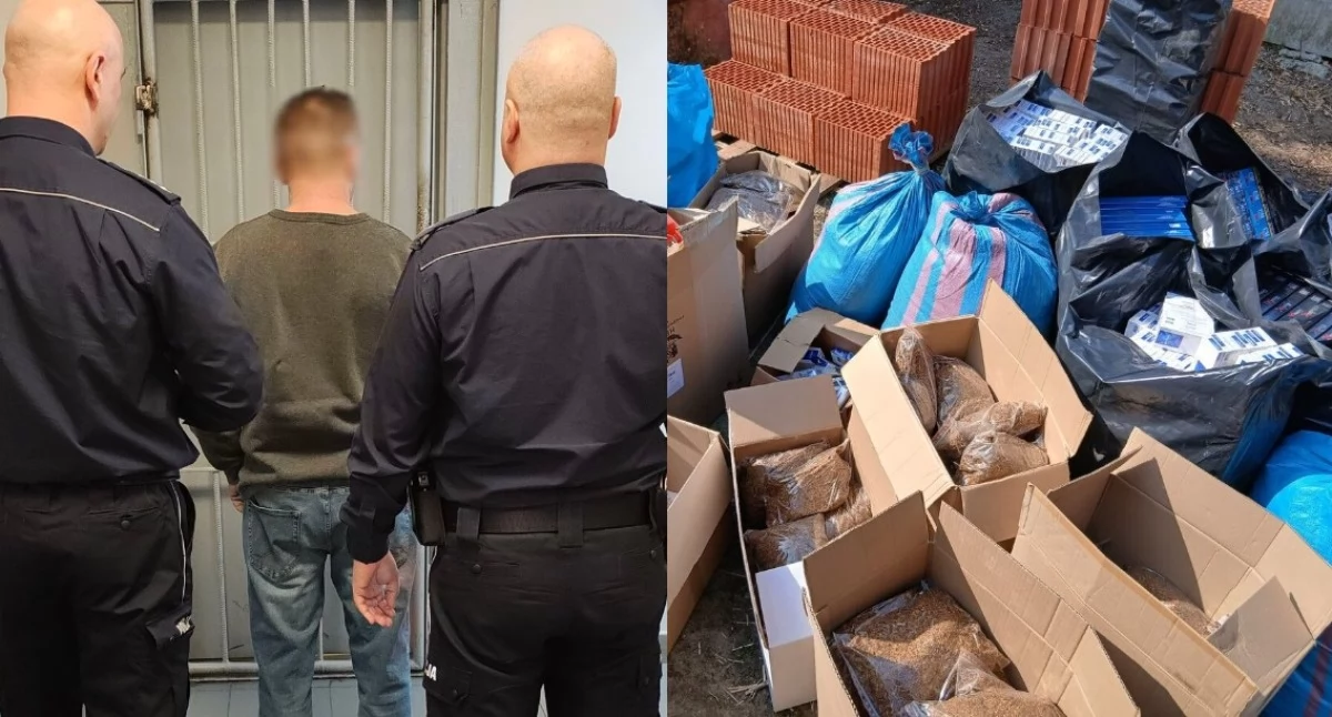 Na zdjęciu zatrzymany mężczyzna oraz należący do niego towar / Fot. KPP Łęczyca