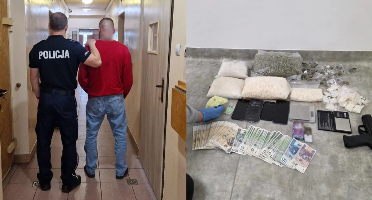 Na zdjęciu jeden z zatrzymanych mężczyzn oraz znalezione narkotyki w lokalu / Fot. KMP Łódź