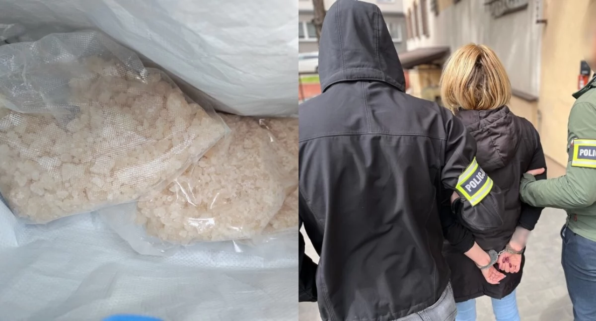 Na zdjęciu jedna z zatrzymanych osób oraz znalezione w aucie narkotyki / Fot. KMP Łódź