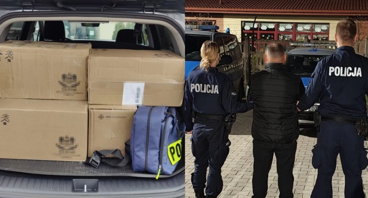 Na zdjęciu znaleziony towar bez polskich znaków akcyzy oraz jeden z zatrzymanych mężczyzn / Fot. KWP Łódź