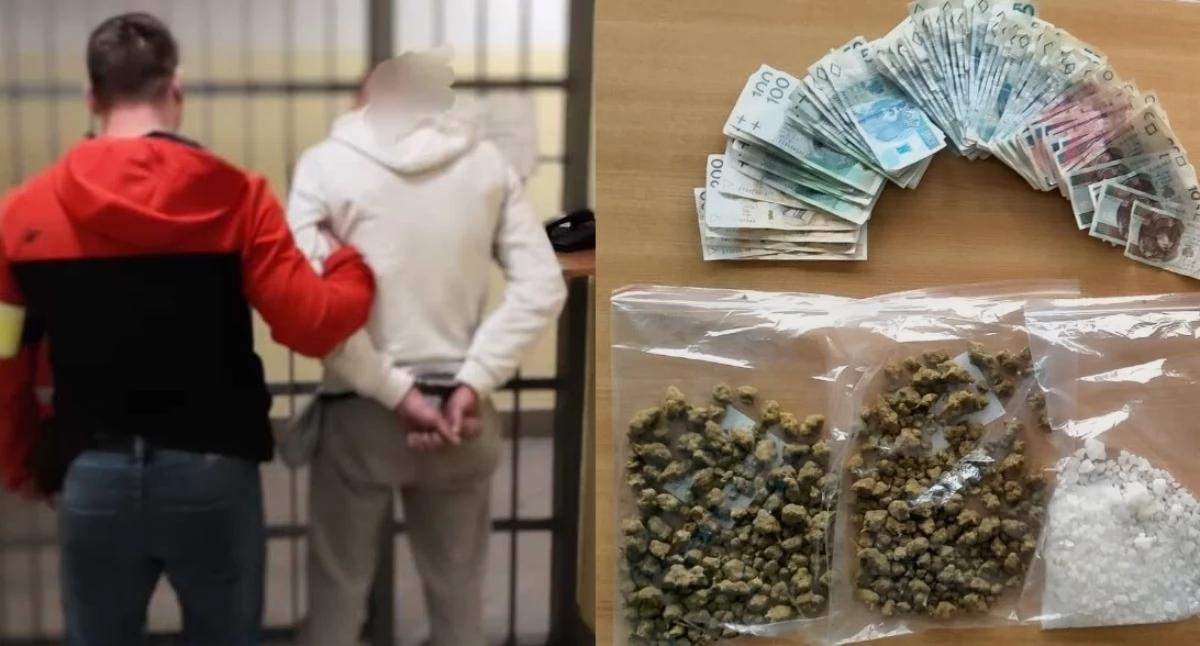 Na zdjęciu zatrzymany 24-latek oraz znalezione w jego mieszkaniu przedmioty / Fot. KMP Piotrków Trybunalski 