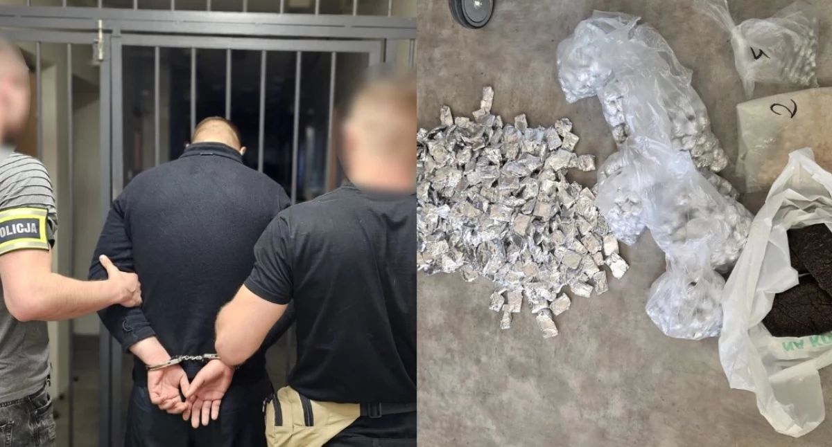 Na zdjęciu zatrzymany mężczyzna oraz znalezione w jego mieszkaniu narkotyki / Fot. KMP Łódź