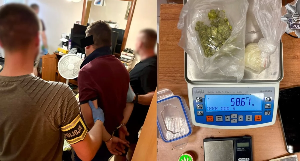 Na zdjęciu zatrzymany mężczyzna oraz narkotyki, które posiadał przy sobie / Fot. KMP Łódź
