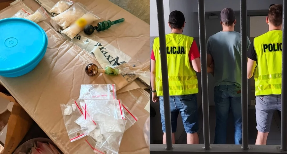 Na zdjęciu zatrzymany mężczyzna oraz znalezione w jego mieszkaniu środki odurzające / Fot. KWP Łódź