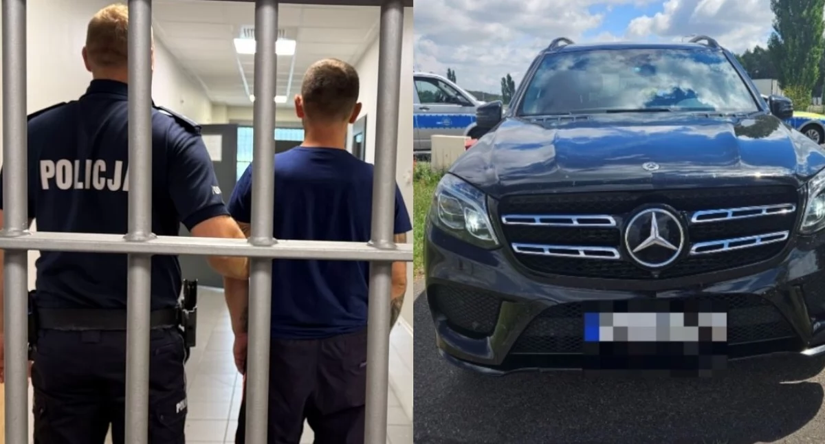 Na zdjęciu zatrzymany 36-latek oraz skradziony pojazd / Fot. KPP Poddębice