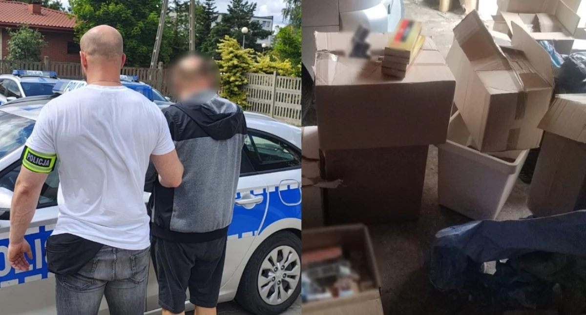 Na zdjęciu zatrzymany mężczyzna oraz znaleziona u niego kontrabanda / Fot. KWP Łódź