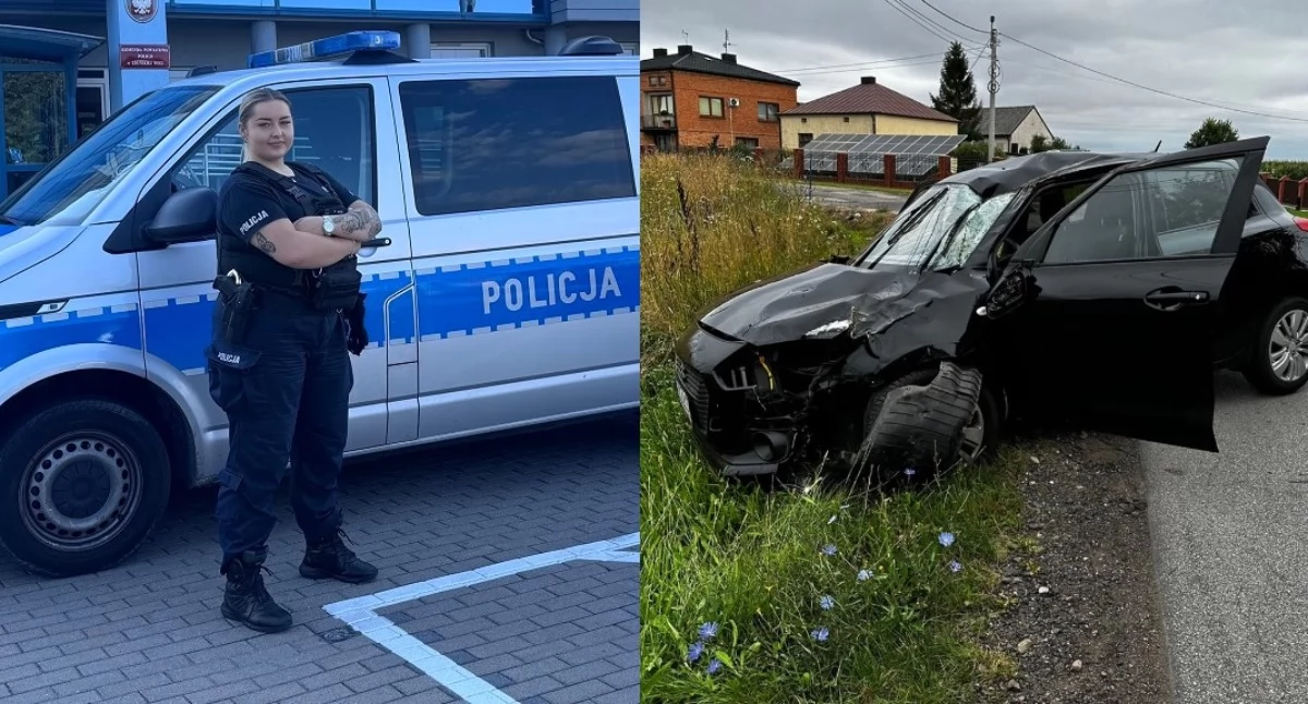 Na zdjęciu sierżant Patrycja Janiak z KPP Zduńska Wola, która udzieliła pomocy kobiecie poszkodowanej w zdarzeniu drogowym w Podulach / Fot. KPP Zduńska Wola