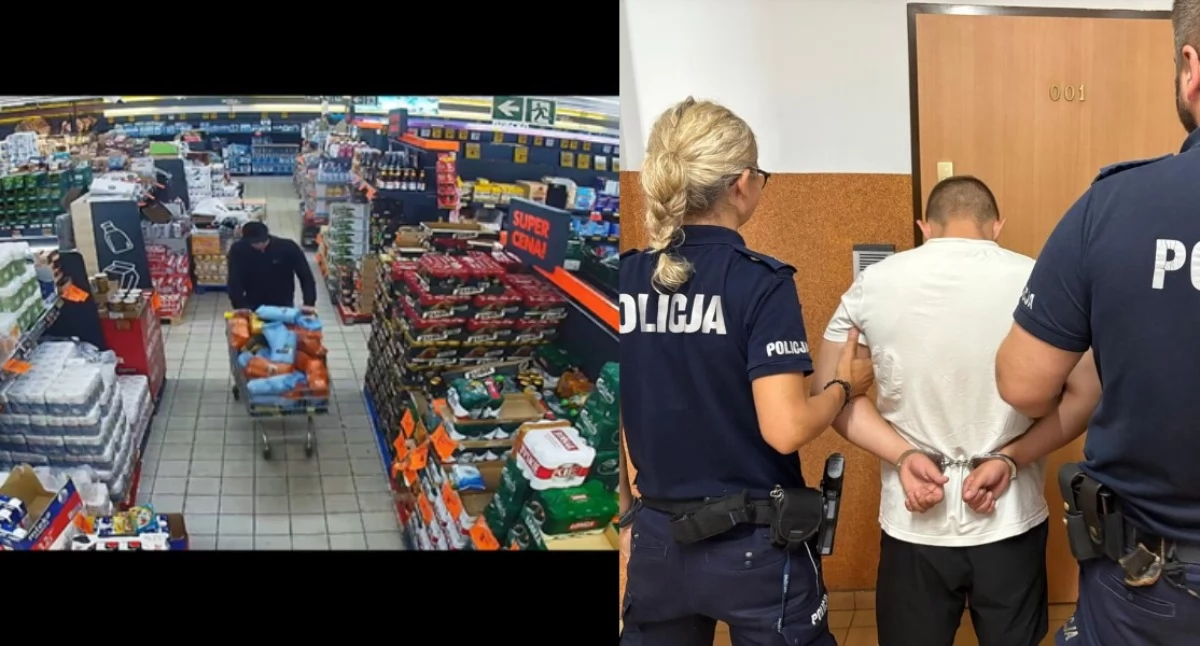 Na zdjęciu moment kradzieży w jednym ze sklepów, a także jeden z zatrzymanych mężczyzn / Fot. KPP Kępno 