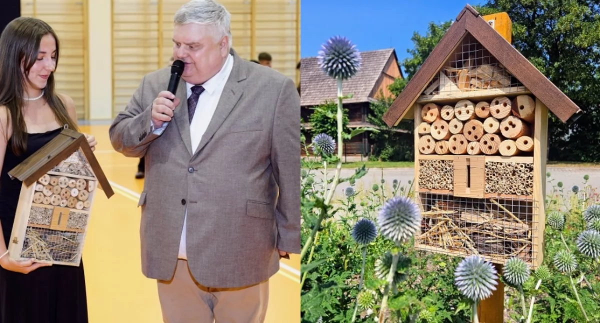 Na zdjęciu domki, które przekazał dla szkoły wójt gminy Skomlin - Grzegorz Maras / Fot. Facebook / Szkoła Podstawowa w Skomlinie