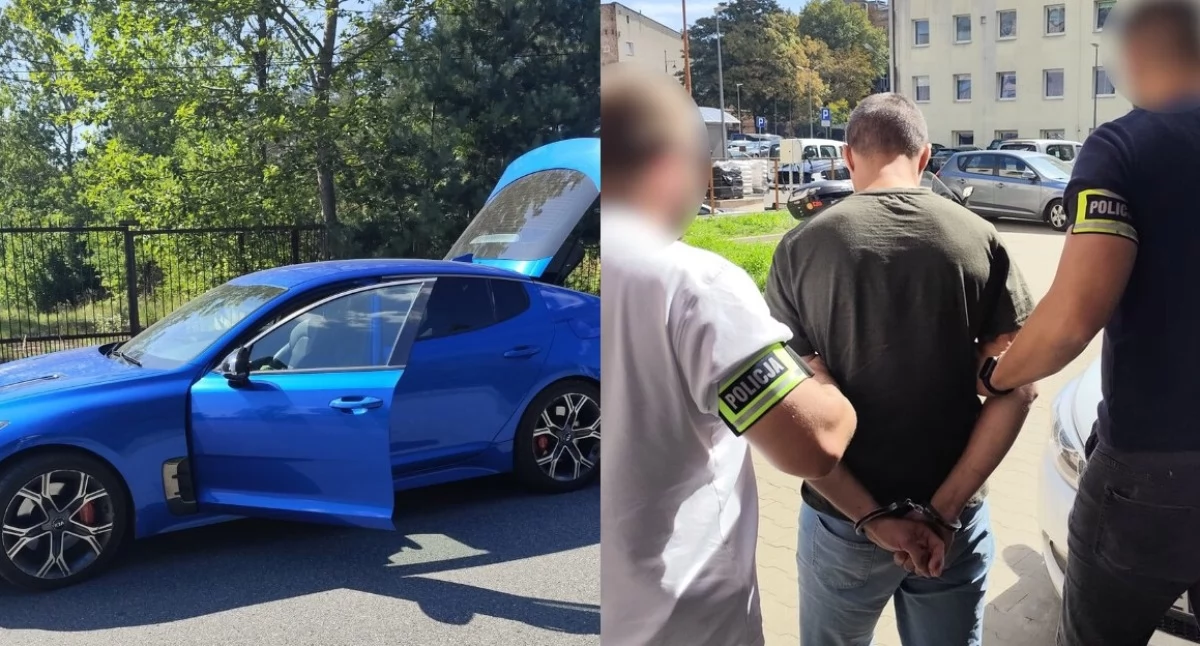 Na zdjęciu skradzionia Kia oraz 35-latek, który ukradł ją z jednego z łódzkich osiedli / Fot. KMP Łódź