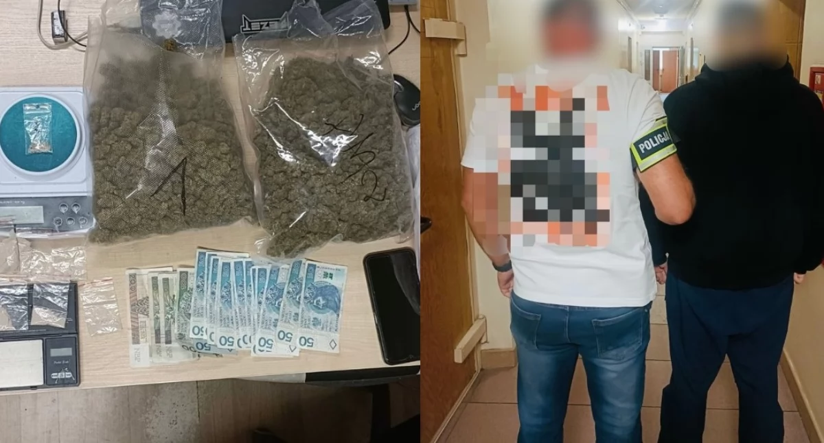Na zdjęciu jeden z zatrzymanych mężczyzn oraz zabezpieczone przedmioty / Fot. KPP Pabianice