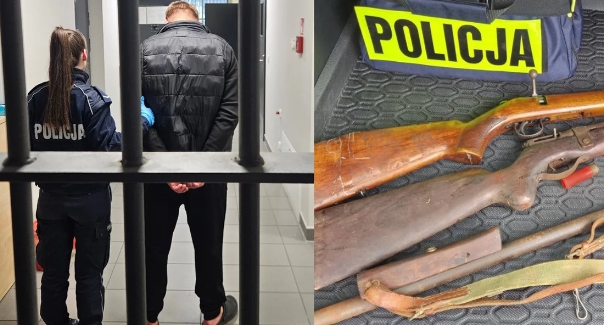 Na zdjęciu zatrzymany mężczyzna oraz zabezpieczona u niego broń / Fot. KPP Poddębice