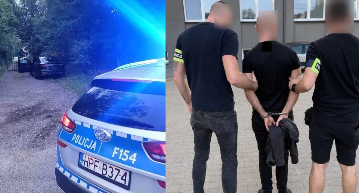 Na zdjęciu zatrzymany mężczyzna oraz skradziony pojazd, którym się poruszał / Fot. KWP Łódź