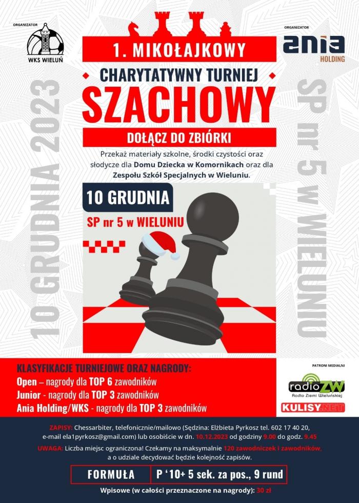 Plakat I Mikołajkowy Charytatywny Turniej Szachowy Wieluń
